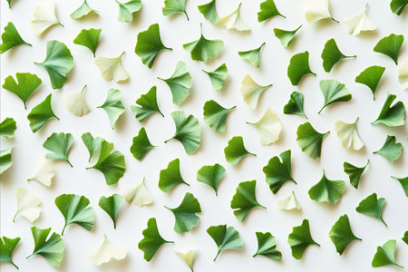 Close up view of many small green and pale yellow ginkgo leaves arranged on a white surface. The...