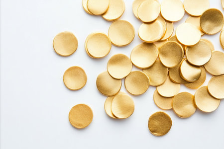 A top-down view of numerous small, round, golden confetti pieces scattered across a clean white...