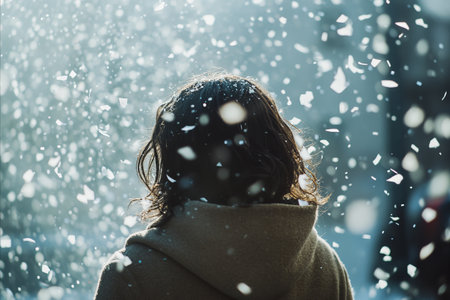 Back view of young woman in winter coat standing under falling snow.の写真素材