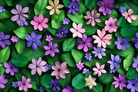 Vibrant pink purple flowers and green leaves create a lush floral background texture.