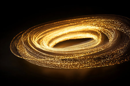 A mesmerizing spiral of light, resembling a cosmic vortex or a celestial phenomenon, with a dark background.の写真素材