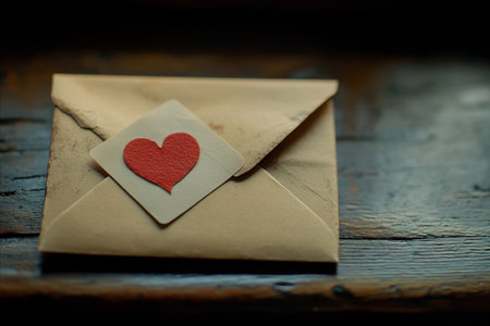 A close-up of a sealed love letter with a red heart sticker, resting on a weathered wooden surface, evoking feelings of love, nostalgia, and heartfelt communication.の写真素材