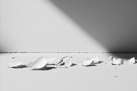 Monochrome image of broken pieces on a surface with shadows, creating a minimalist composition.