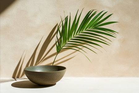 A simple composition featuring a dark ceramic bowl and a green palm frond casting a dramatic shadow on a sunlit beige wall creating a tranquil and natural aesthetic.の写真素材