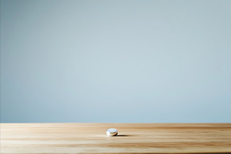 A tiny delicate object rests on a light brown wooden surface with a soft out of focus light blue wall in the background. A simple calm and minimalist scene.の写真素材