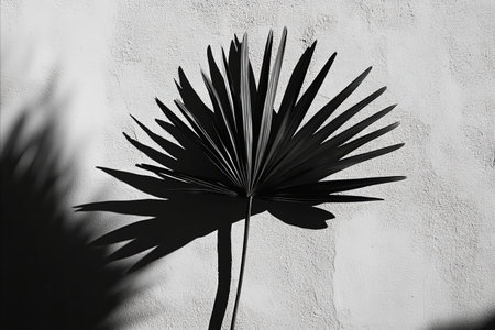 Black and white close-up shot of a palm leaf against a light wall, showing intricate details and...