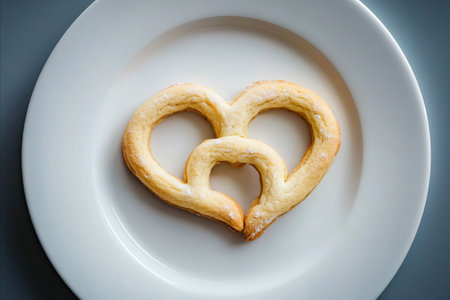 Close-up of a heart-shaped pretzel on a white plate, perfect for a snack or dessert.