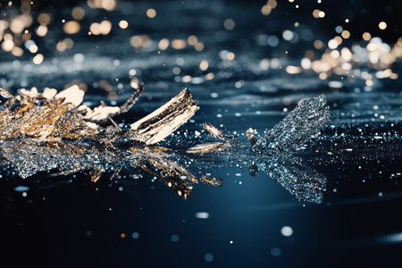 Close-up of a log floating in dark water, reflecting the log and the bokeh lights in the background....