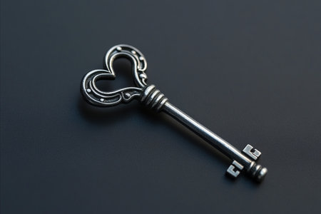 An old fashioned silver key with a heart handle symbolizing love, romance, or unlocking secrets. The metallic object is placed on a simple dark background.の写真素材