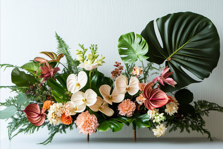 A beautiful and modern floral arrangement featuring exotic flowers like anthuriums, phalaenopsis...