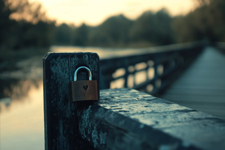 A small padlock secures a wooden railing on a bridge overlooking a calm river at sunset. The scene...