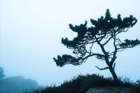 A solitary pine tree stands silhouetted against a misty morning landscape. The soft light and fog create a tranquil and serene atmosphere. The trees branches reach out in a graceful manner against the backdrop of a hazy horizon.の写真素材