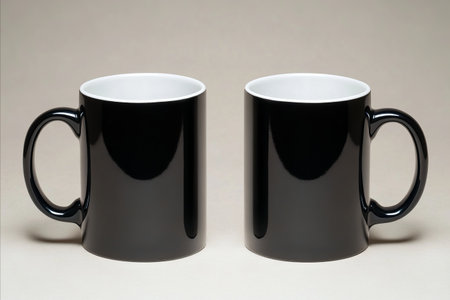 Two black mugs with white interiors sit side-by-side on a neutral surface, perfect for showcasing designs or enjoying a warm beverage.の写真素材