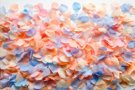 Pastel colored flower petals scattered on a white background. Soft, delicate, and romantic image.