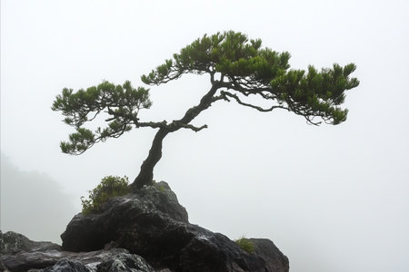 A solitary pine tree with a gnarled trunk and green foliage thrives on a rugged rock formation, set...