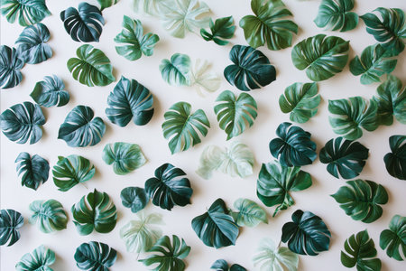 A top-down view of numerous small, green Monstera Deliciosa leaves scattered across a clean white...