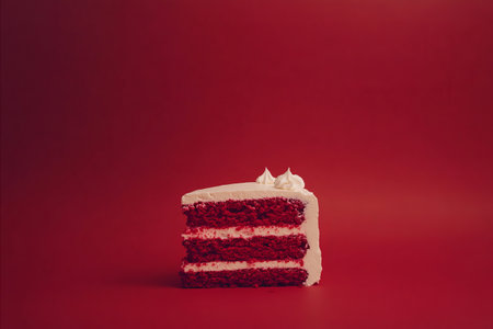 A delicious slice of red velvet cake with white frosting on a red background. Perfect for dessert.