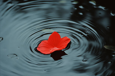 A vibrant red flower petal rests gently on the surface of dark water, creating mesmerizing ripples....