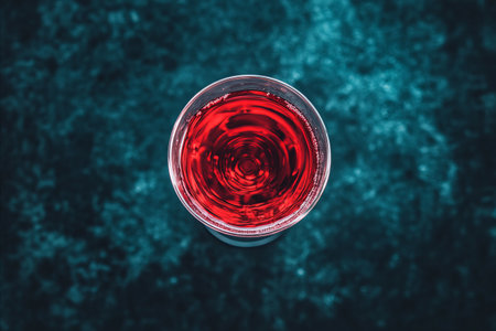 Close-up view of a glass filled with a vibrant red liquid, likely a drink, against a dark teal...