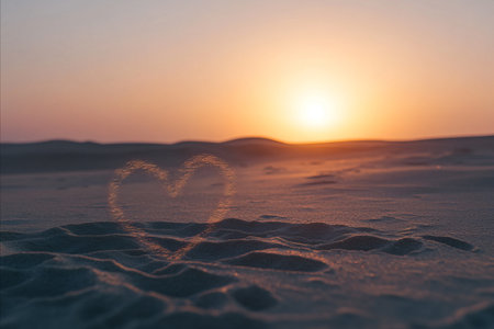 A close up view of sand with a beautiful golden sunset on the horizon. The warm light reflects on...