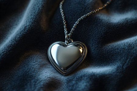 A close-up shot of a silver heart-shaped pendant necklace resting on a blue fabric surface. The pendant is shiny and reflective.の写真素材