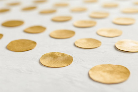 A high-angle, selective focus shot of many small, round, light brown wafers scattered across a white...