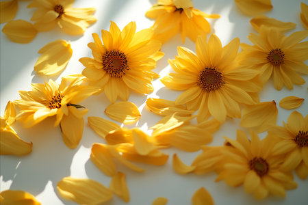 A top down flat lay of beautiful yellow flowers and scattered petals on a clean white surface. Soft...
