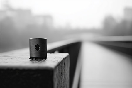 A close-up, black and white shot of a small, dark cylindrical object resting on a wooden railing,...