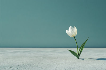 A single white tulip stands on a light gray surface against a teal background. The flower is in...