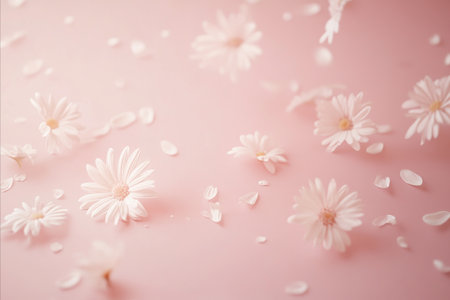 Delicate white flowers and petals scattered on a soft pink background. A gentle and airy aesthetic.