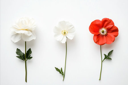 A trio of flowers, two white and one red, arranged against a clean white background, showcasing...
