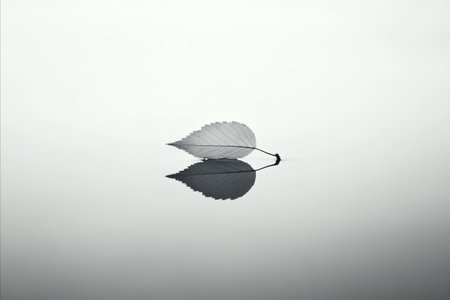 A single leaf rests on a reflective surface, creating a mirrored image in a grayscale composition.