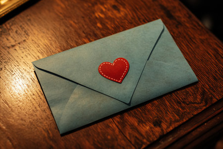 A teal envelope with a red heart rests on a dark wooden surface. The image evokes feelings of love,...