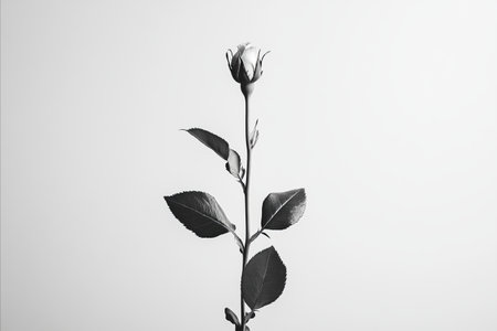 A minimalist black and white photograph capturing the simple elegance of a single rose stem with a delicate bud and dark leaves against a clean white background.の写真素材