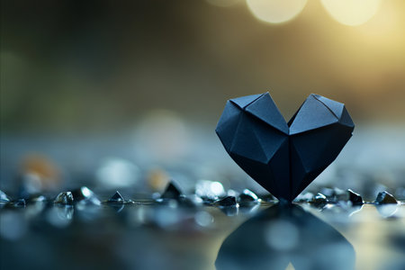 A close up of a dark geometric paper heart on a wet reflective surface Small black crystals are scattered around it and warm bokeh lights blur in the backgroundの写真素材