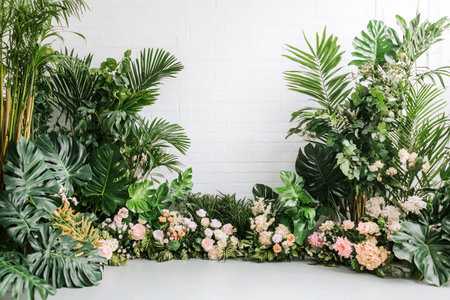 A lush arrangement of tropical foliage and delicate pink and white flowers creates a vibrant and inviting backdrop, perfect for events or photography.の写真素材