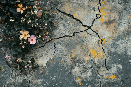 Close-up of delicate pink and orange flowers emerging from deep cracks in a textured, discolored concrete surface, illustrating natures enduring power.の写真素材