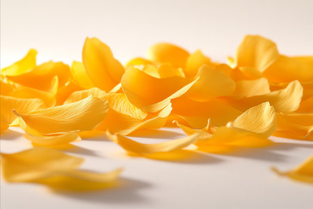 A beautiful close-up of delicate, vibrant yellow flower petals scattered loosely on a clean white surface, creating a soft, romantic, and cheerful background.の写真素材