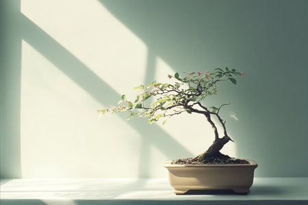 A bonsai tree sits on a windowsill, bathed in sunlight. The light casts shadows on the wall, creating a serene and peaceful atmosphere. The bonsai is a small, meticulously crafted tree, showcasing the art of miniature gardening.の写真素材