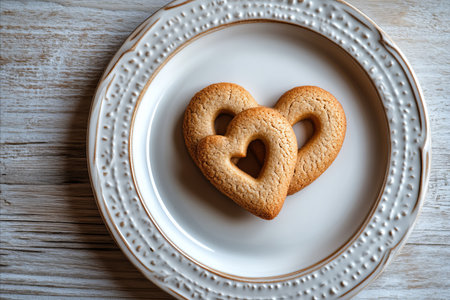 Top view of two delicious homemade heart shaped cookies on a beautiful ornate vintage plate. A romantic sweet treat for Valentines Day served on a rustic wooden table.の写真素材