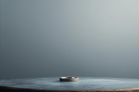 A single ring sits on a textured surface against a muted gray backdrop, creating a minimalist and contemplative composition.の写真素材