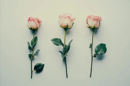 Top down view of three single pink roses with stems and leaves laid out in a row on a plain pale...