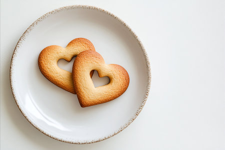 Top down view of two heart shaped biscuits on a rustic white plate against a clean white background. A symbol of love, romance, and affection for Valentines Day.の写真素材