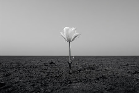 A solitary tulip stands resiliently in a vast, barren field under a clear sky, captured in a striking black and white photograph, symbolizing hope and endurance.の写真素材