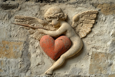 A stone carving of Cupid, the Roman god of love, aiming his arrow at a heart. The carving is set into a stone wall.の写真素材