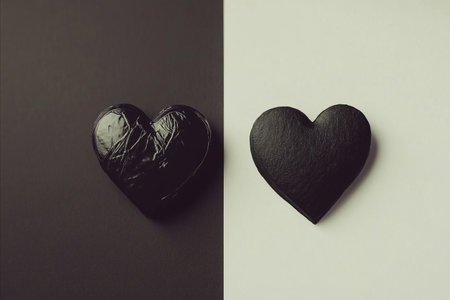 A stark contrast between two black heart shapes one is crumpled and damaged the other is smooth and perfect set against dark and light backgroundsの写真素材