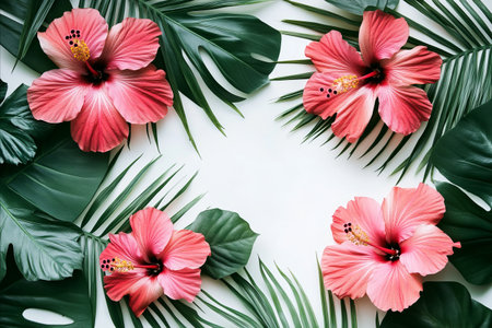 A beautiful flat lay composition featuring vibrant pink hibiscus flowers and lush green monstera and palm leaves creating a natural border with copy space in the center.の写真素材