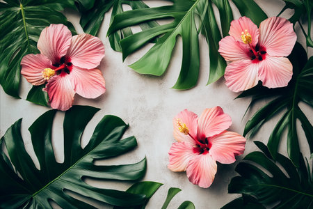 Overhead shot of pink hibiscus flowers and monstera leaves arranged on a light background, creating a tropical and vibrant composition.の写真素材