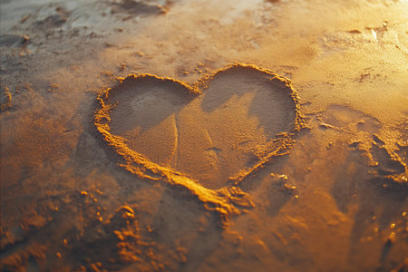 Heart drawn in the sand at sunset, warm colors, beach scene, romantic, natureの写真素材