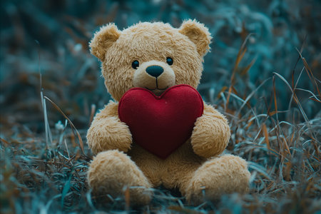 A cute teddy bear holding a red heart, sitting in the grass. A symbol of love and affection.の写真素材